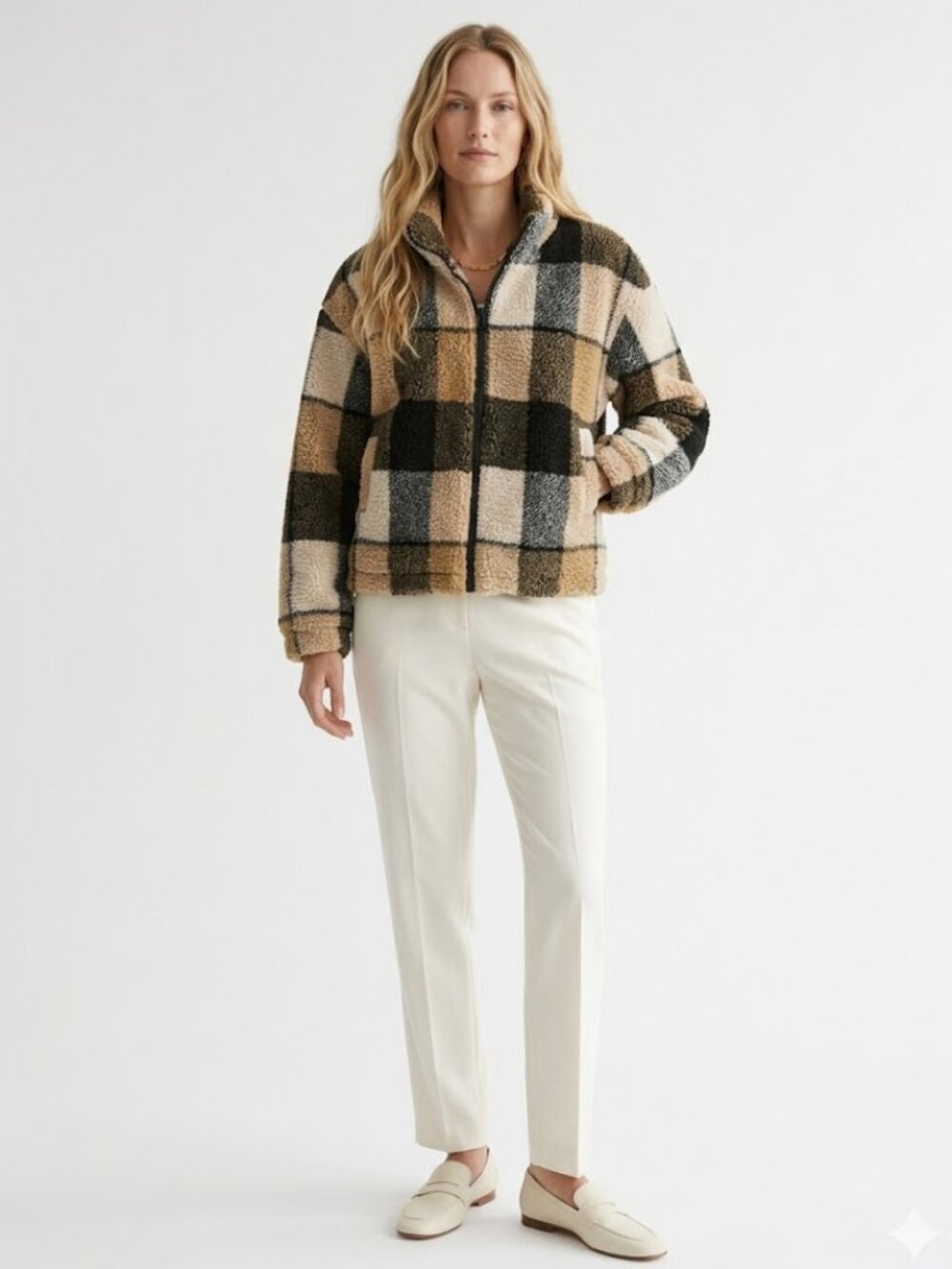 Harlow Plaid Teddy Fleece Jacket Size Large Cropped Sherpa Plaid Tan Shacket